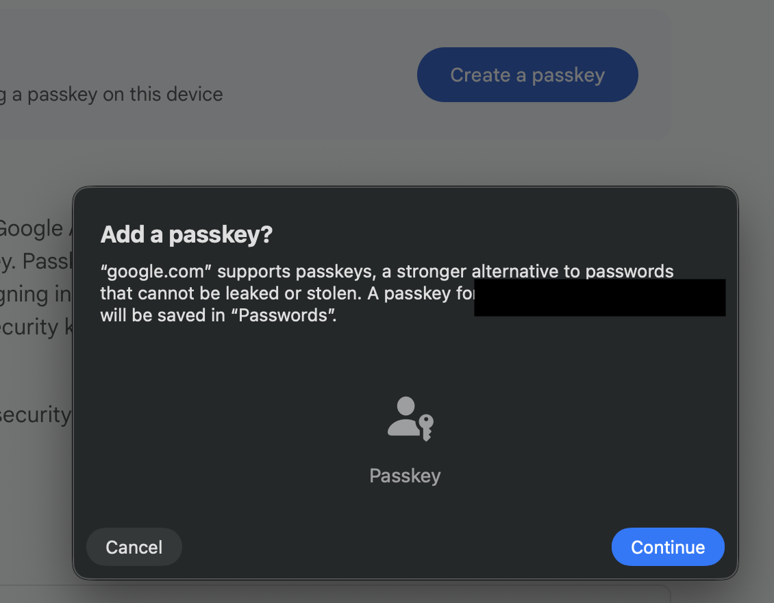Google passkey creation screen showing no roaming